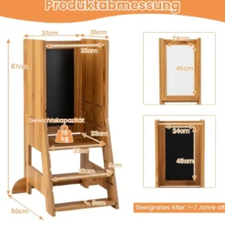 2 in 1 Kinder Lernturm mit Doppelseitiger Tafel & 3 Verstellbare Höhen Küchenhocker Trittschemel