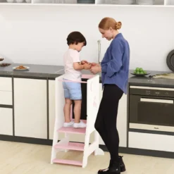 2 in 1 Kinder Lernturm mit Doppelseitiger Tafel & 3 Verstellbare Höhen Küchenhocker Trittschemel