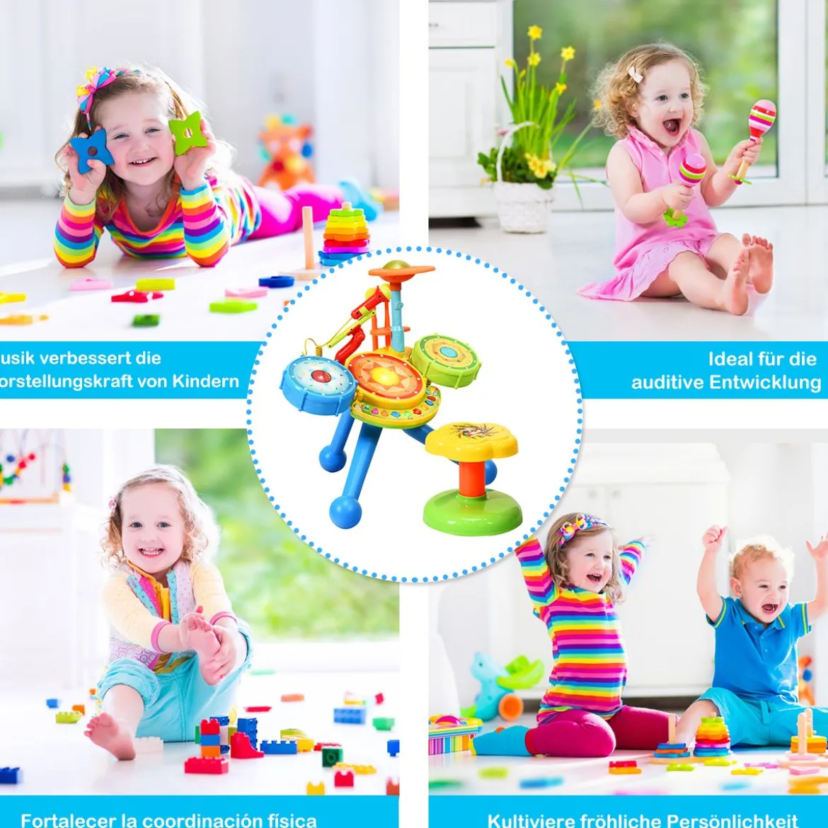 2-in-1 Kinder Musikinstrument Elektronisches Rock und Musical Schlagzeug 50 x 38 x 52 cm Bunt