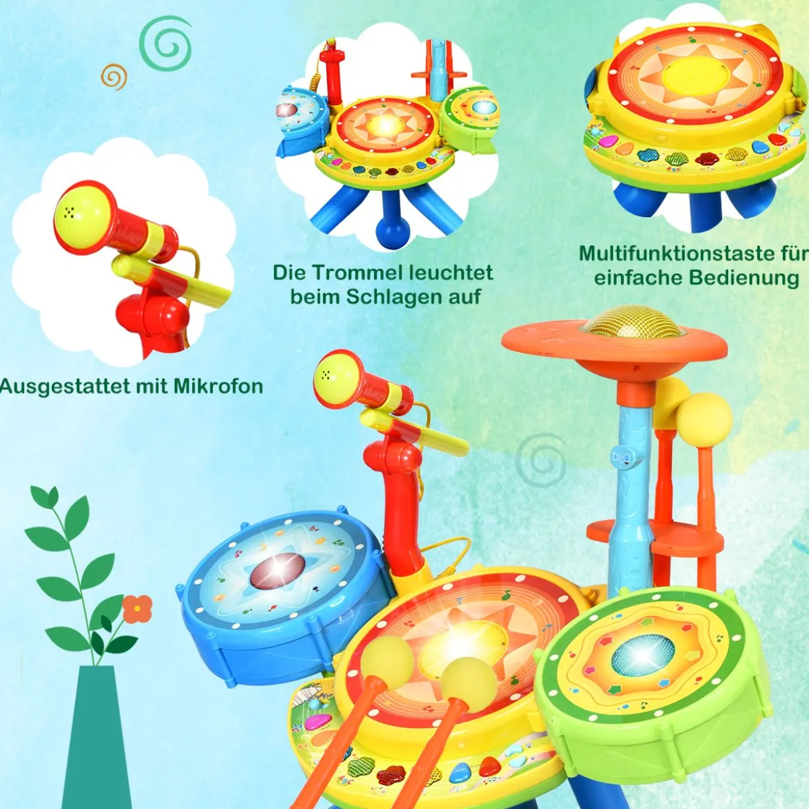 2-in-1 Kinder Musikinstrument Elektronisches Rock und Musical Schlagzeug 50 x 38 x 52 cm Bunt