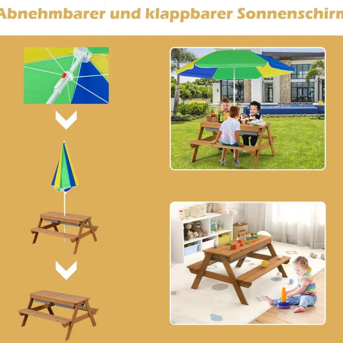 3 in 1 Kinder Picknicktisch mit Sonnenschirm & Bänke & Abnehmbarer Tischplatte