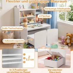 3 in 1 Kinderregal Spielzeugregal mit Schreibtisch auf Rollen & Kinderstuhl mit Rückenlehne Weiß