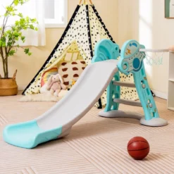 3 in 1 Kinderrutsche & Leiter & Basketballkorb Klappbares Rutschenspielset mit Pufferzone Blau