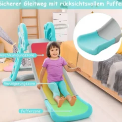 3 in 1 Kinderrutsche & Leiter & Basketballkorb Klappbares Rutschenspielset mit Pufferzone Blau