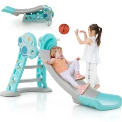 3 in 1 Kinderrutsche & Leiter & Basketballkorb Klappbares Rutschenspielset mit Pufferzone Blau