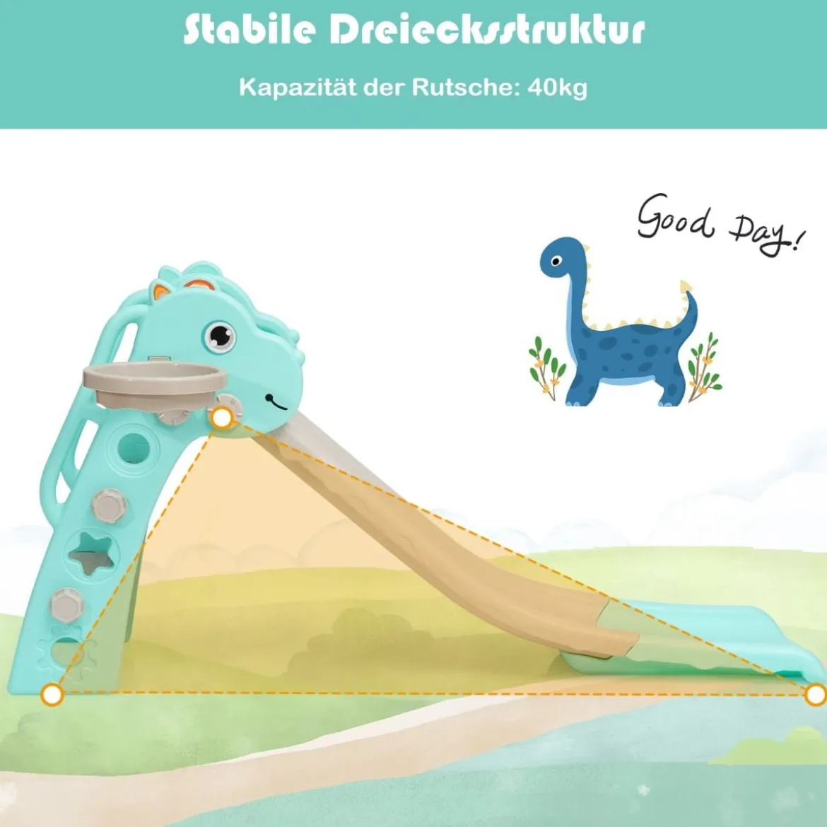 3 in 1 Kinder Rutsche & Leiter & Basketballkorb mit Ball 132 x 61 x 67 cm Grün