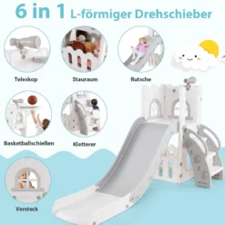 6-in-1 Kinderrutsche mit Basketballkorb & Teleskop Kinder Rutsche Rutschenset Grau