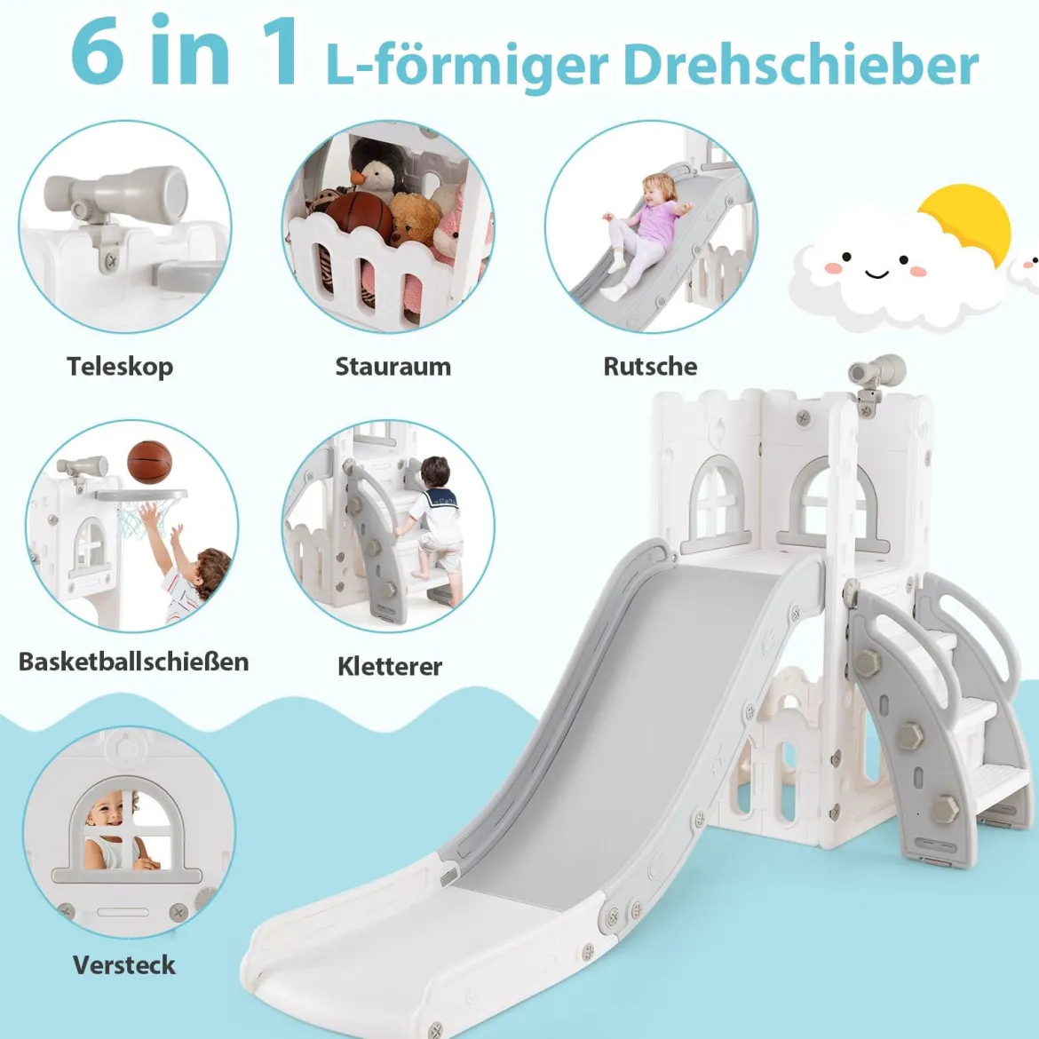6-in-1 Kinderrutsche mit Basketballkorb & Teleskop Kinder Rutsche Rutschenset Grau