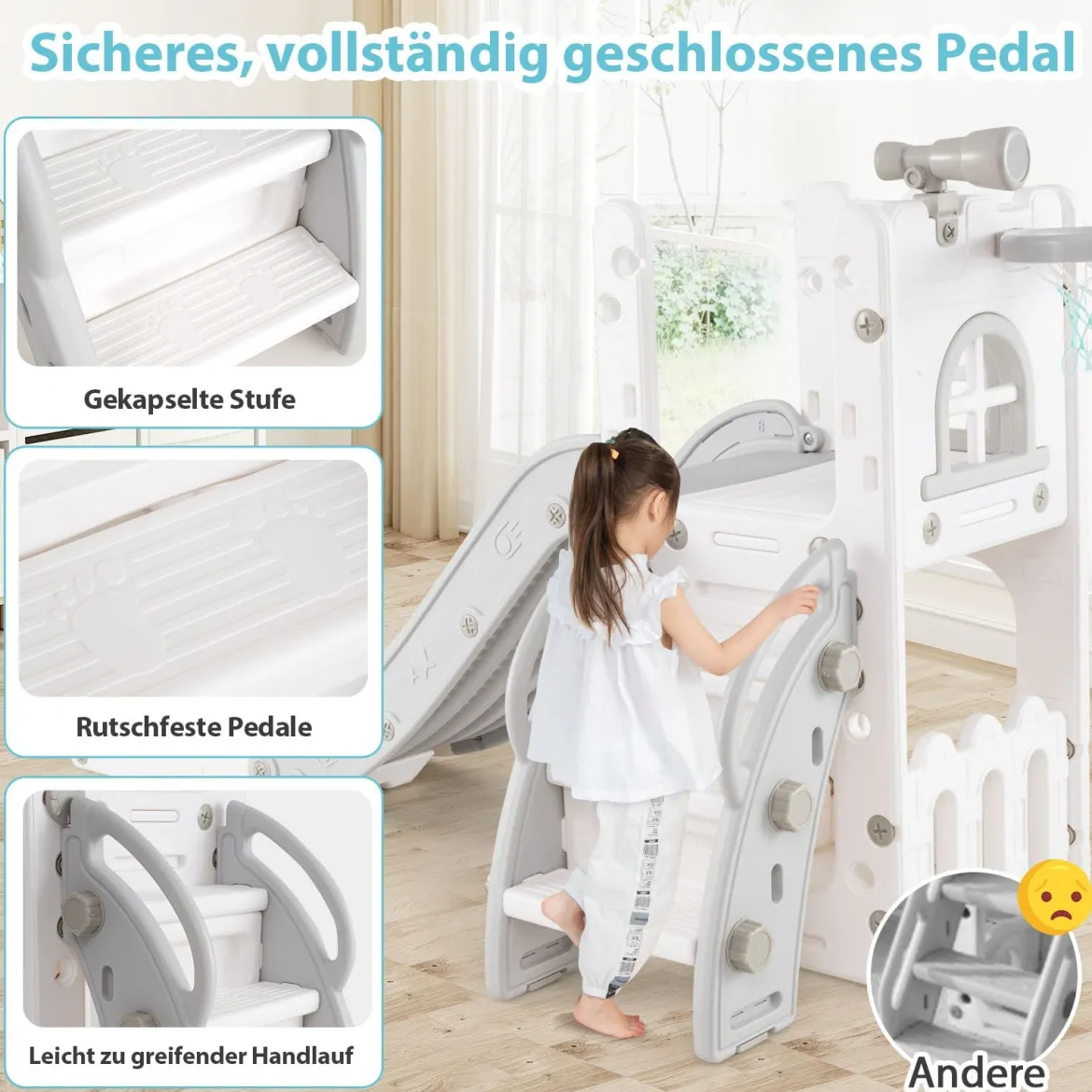 6-in-1 Kinderrutsche mit Basketballkorb & Teleskop Kinder Rutsche Rutschenset Grau