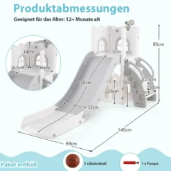 6-in-1 Kinderrutsche mit Basketballkorb & Teleskop Kinder Rutsche Rutschenset Grau