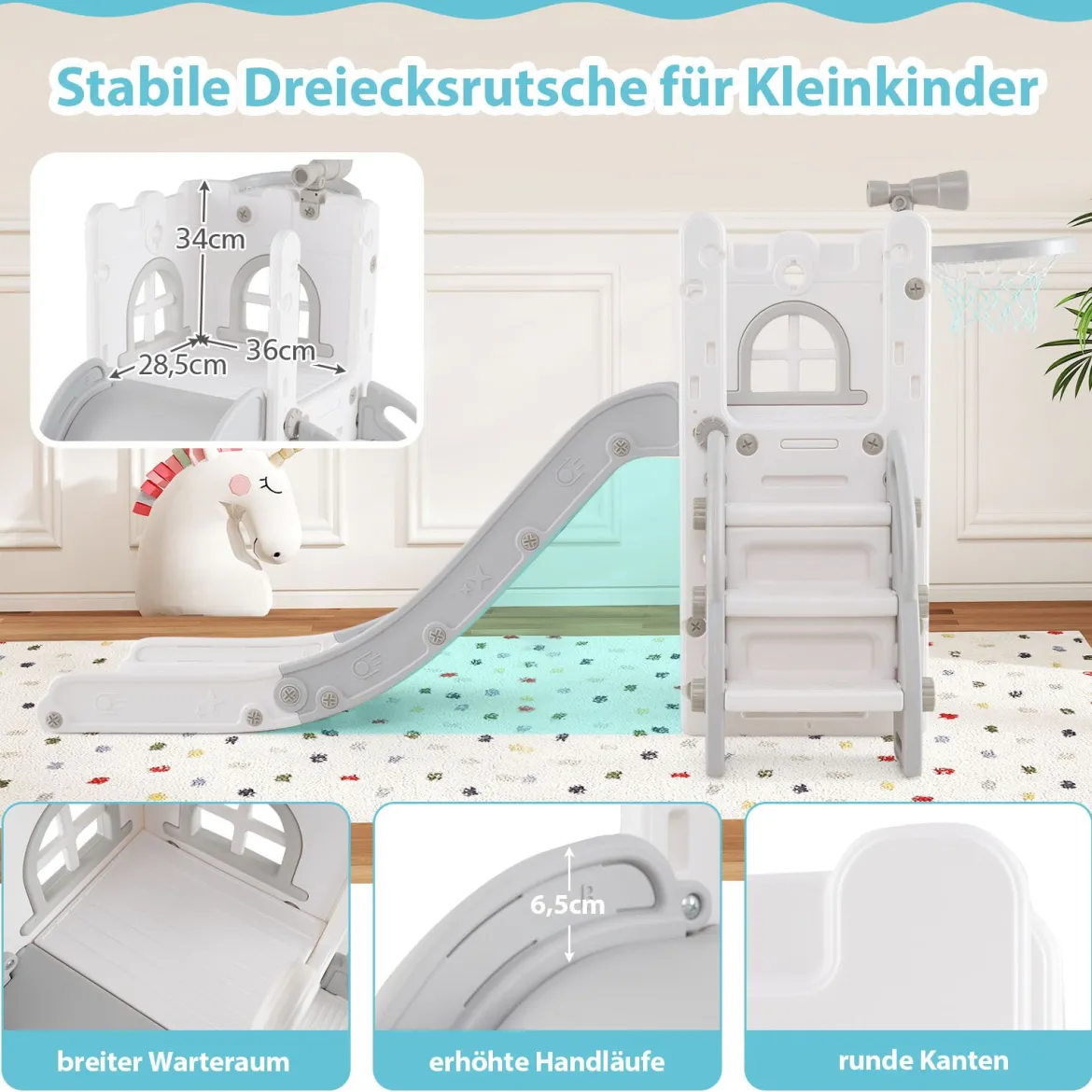 6-in-1 Kinderrutsche mit Basketballkorb & Teleskop Kinder Rutsche Rutschenset Grau
