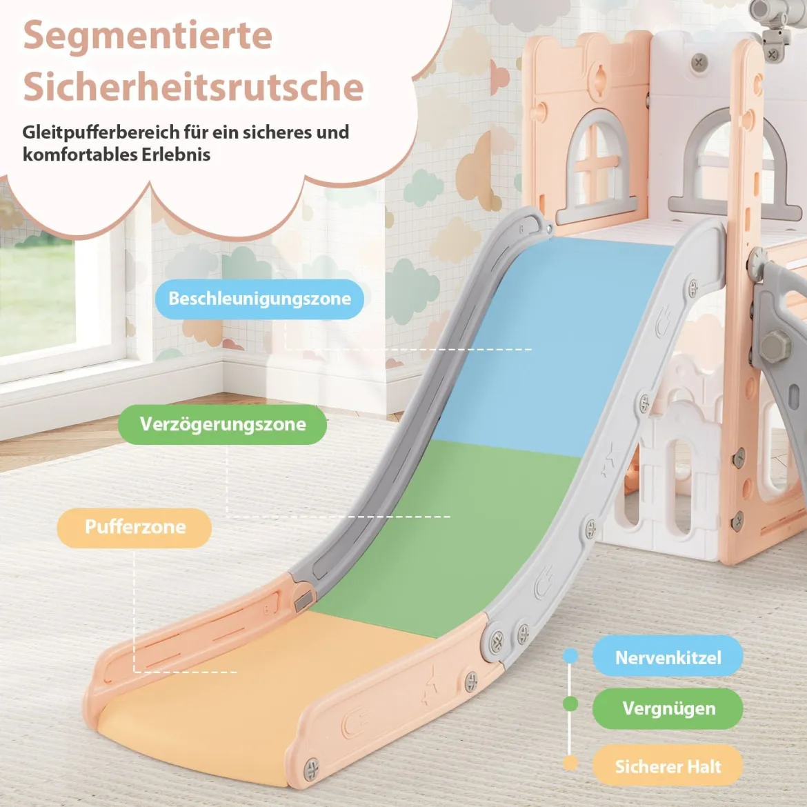 6-in-1 Kinderrutsche mit Basketballkorb & Teleskop Kinder Rutsche Rutschenset Rosa