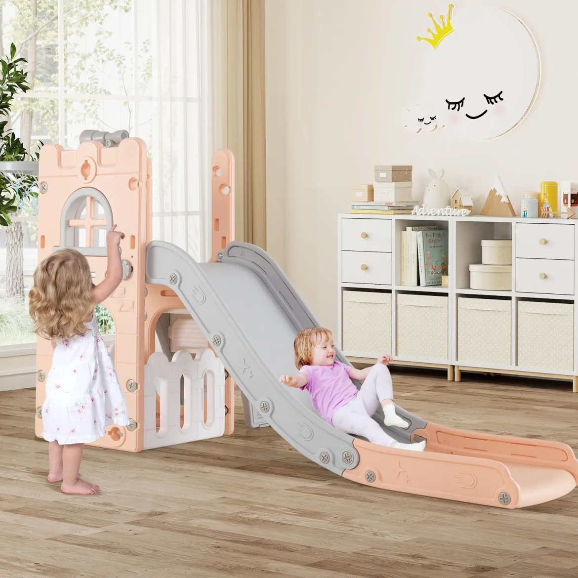 6-in-1 Kinderrutsche mit Basketballkorb & Teleskop Kinder Rutsche Rutschenset Rosa