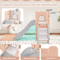 6-in-1 Kinderrutsche mit Basketballkorb & Teleskop Kinder Rutsche Rutschenset Rosa