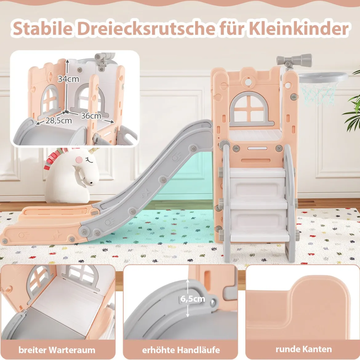 6-in-1 Kinderrutsche mit Basketballkorb & Teleskop Kinder Rutsche Rutschenset Rosa