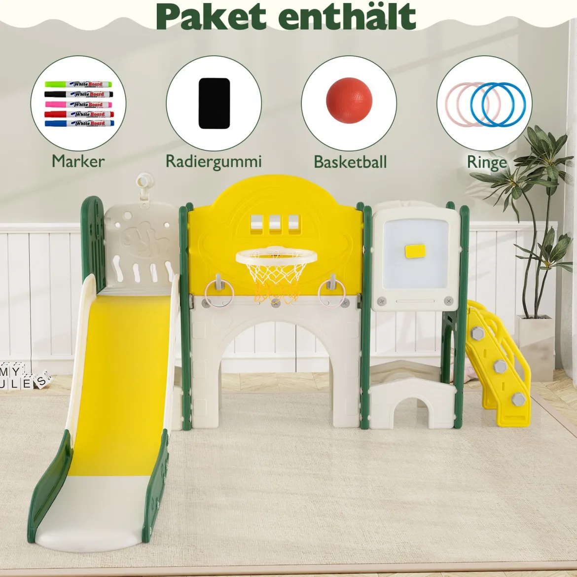 10 in 1 Kinderrutsche mit Basketballkorb & Wurfspiel & Tafel & Tunnel & Teleskop & Stauraum Gelb