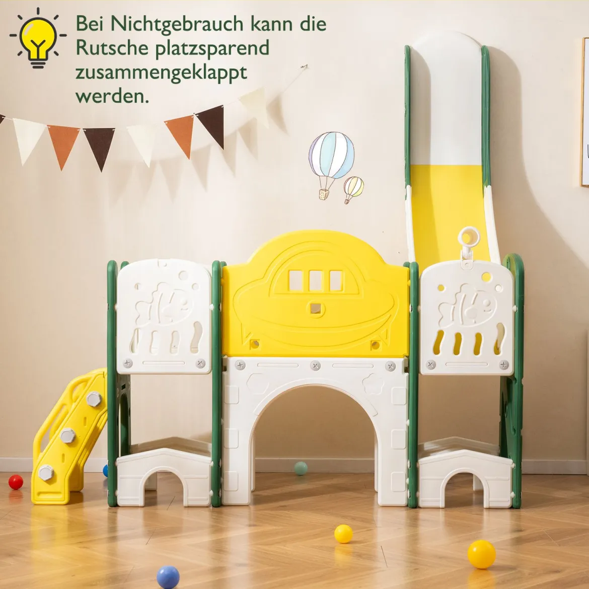 10 in 1 Kinderrutsche mit Basketballkorb & Wurfspiel & Tafel & Tunnel & Teleskop & Stauraum Gelb