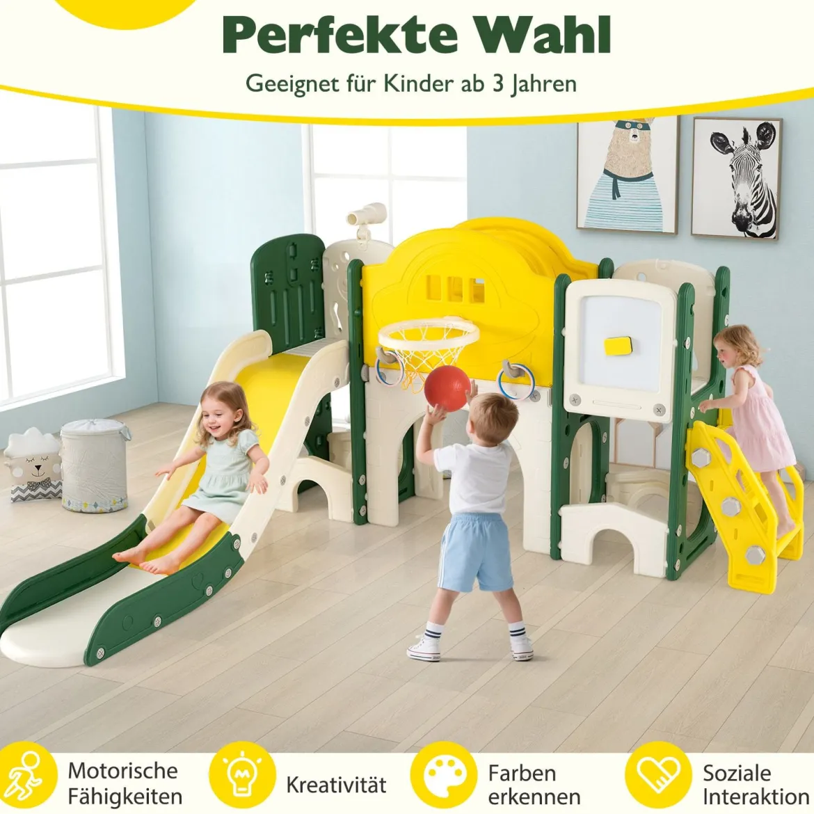 10 in 1 Kinderrutsche mit Basketballkorb & Wurfspiel & Tafel & Tunnel & Teleskop & Stauraum Gelb