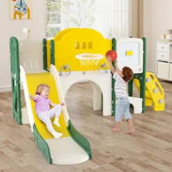 10 in 1 Kinderrutsche mit Basketballkorb & Wurfspiel & Tafel & Tunnel & Teleskop & Stauraum Gelb