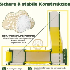 10 in 1 Kinderrutsche mit Basketballkorb & Wurfspiel & Tafel & Tunnel & Teleskop & Stauraum Gelb