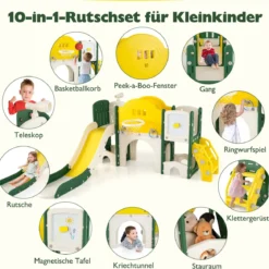 10 in 1 Kinderrutsche mit Basketballkorb & Wurfspiel & Tafel & Tunnel & Teleskop & Stauraum Gelb