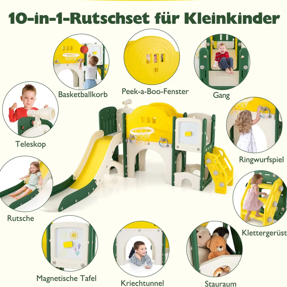10 in 1 Kinderrutsche mit Basketballkorb & Wurfspiel & Tafel & Tunnel & Teleskop & Stauraum Gelb