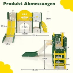 10 in 1 Kinderrutsche mit Basketballkorb & Wurfspiel & Tafel & Tunnel & Teleskop & Stauraum Gelb