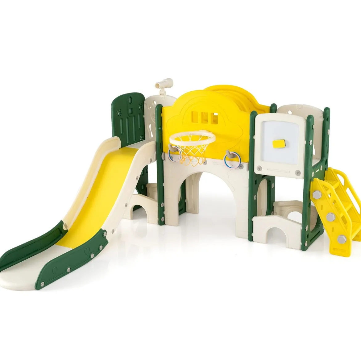 10 in 1 Kinderrutsche mit Basketballkorb & Wurfspiel & Tafel & Tunnel & Teleskop & Stauraum Gelb