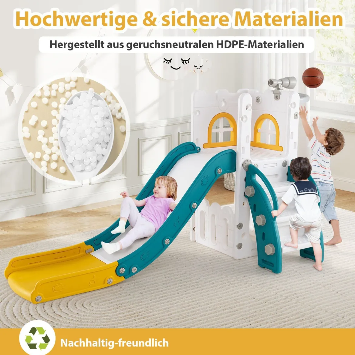 6-in-1 Kinderrutsche mit Basketballkorb & Teleskop Kinder Rutsche Rutschenset Grün