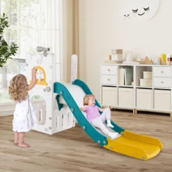 6-in-1 Kinderrutsche mit Basketballkorb & Teleskop Kinder Rutsche Rutschenset Grün