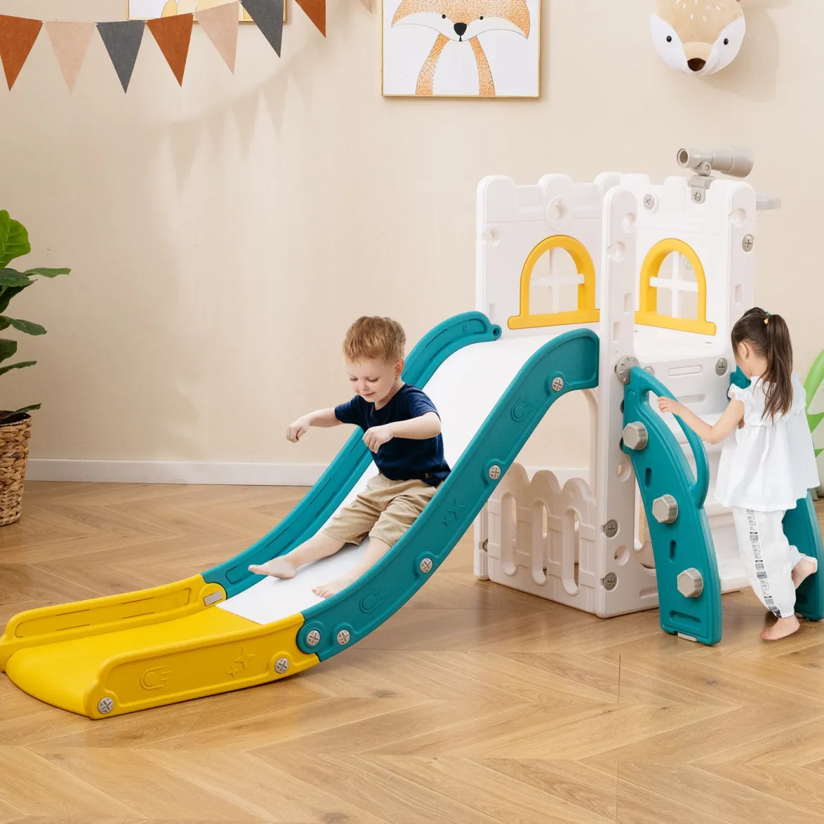 6-in-1 Kinderrutsche mit Basketballkorb & Teleskop Kinder Rutsche Rutschenset Grün