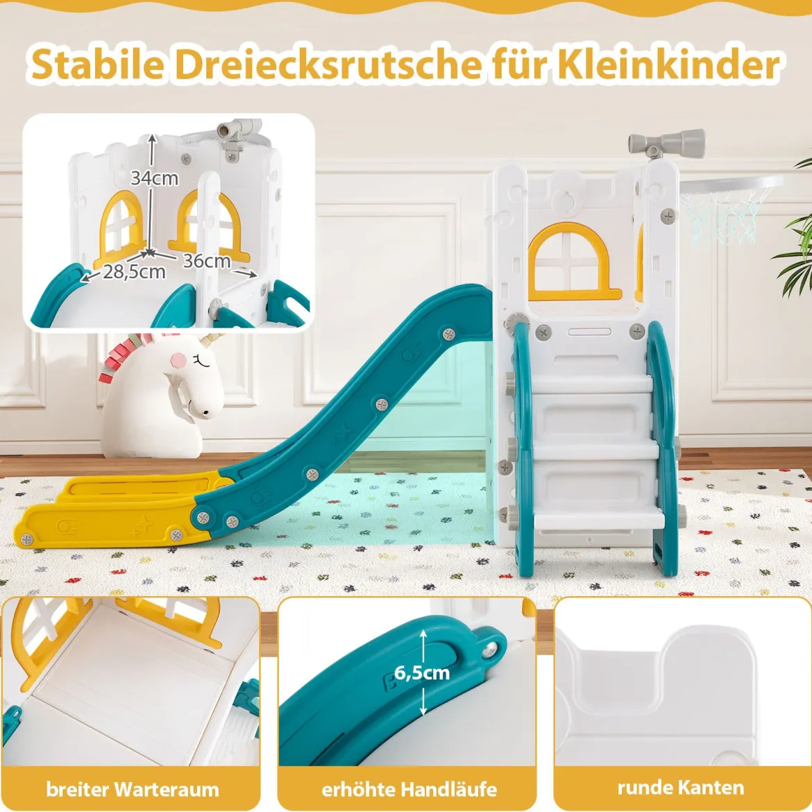 6-in-1 Kinderrutsche mit Basketballkorb & Teleskop Kinder Rutsche Rutschenset Grün