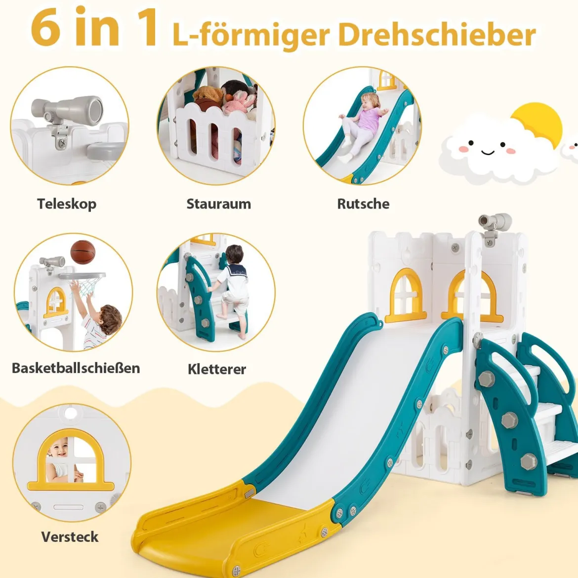 6-in-1 Kinderrutsche mit Basketballkorb & Teleskop Kinder Rutsche Rutschenset Grün