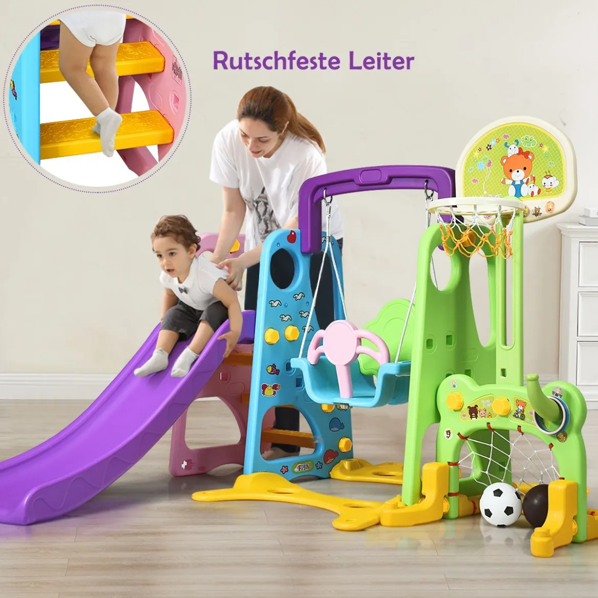 6 IN 1 Kinderrutsche Spielplatz Kletterturm Basketballkorb Kinderspielzeug