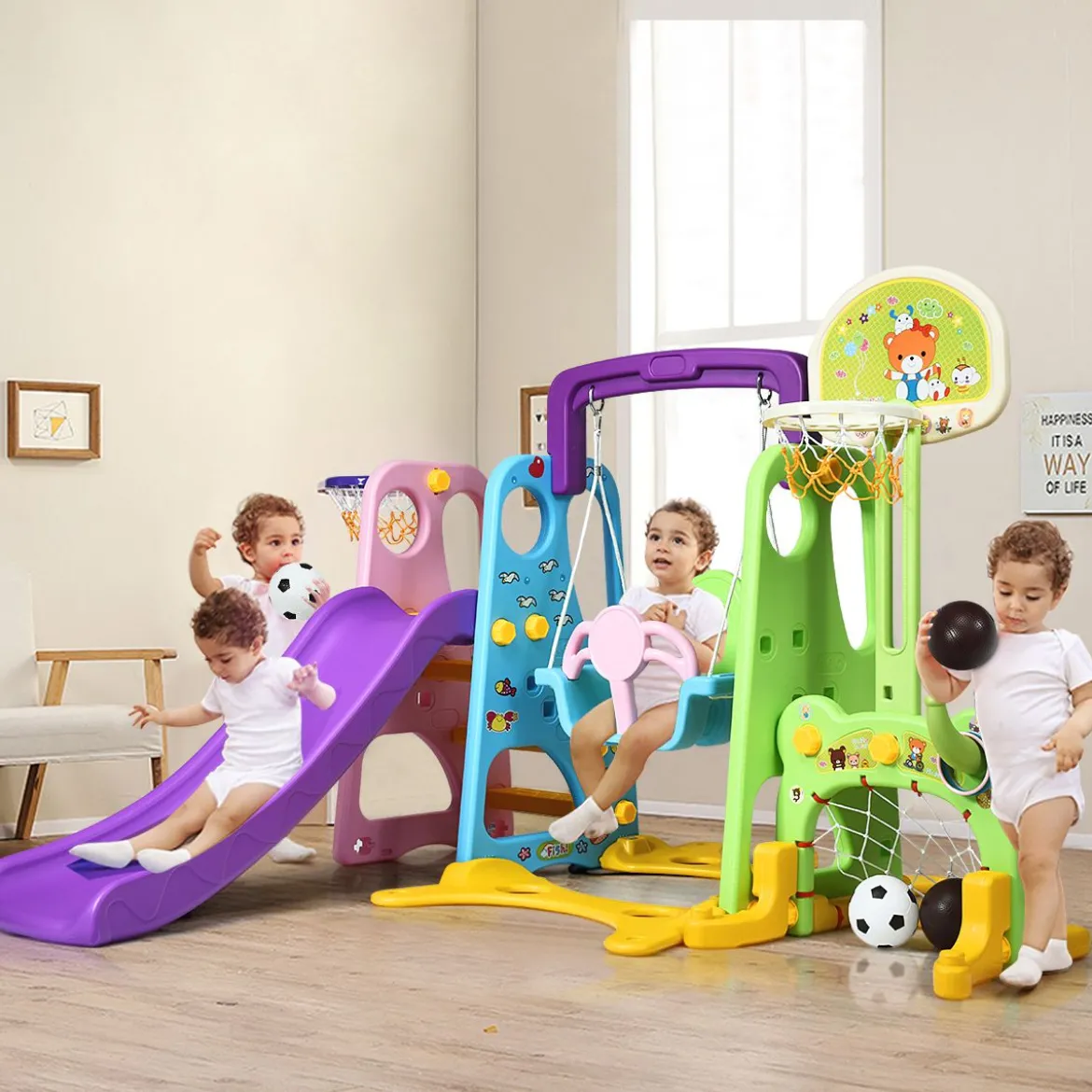 6 IN 1 Kinderrutsche Spielplatz Kletterturm Basketballkorb Kinderspielzeug