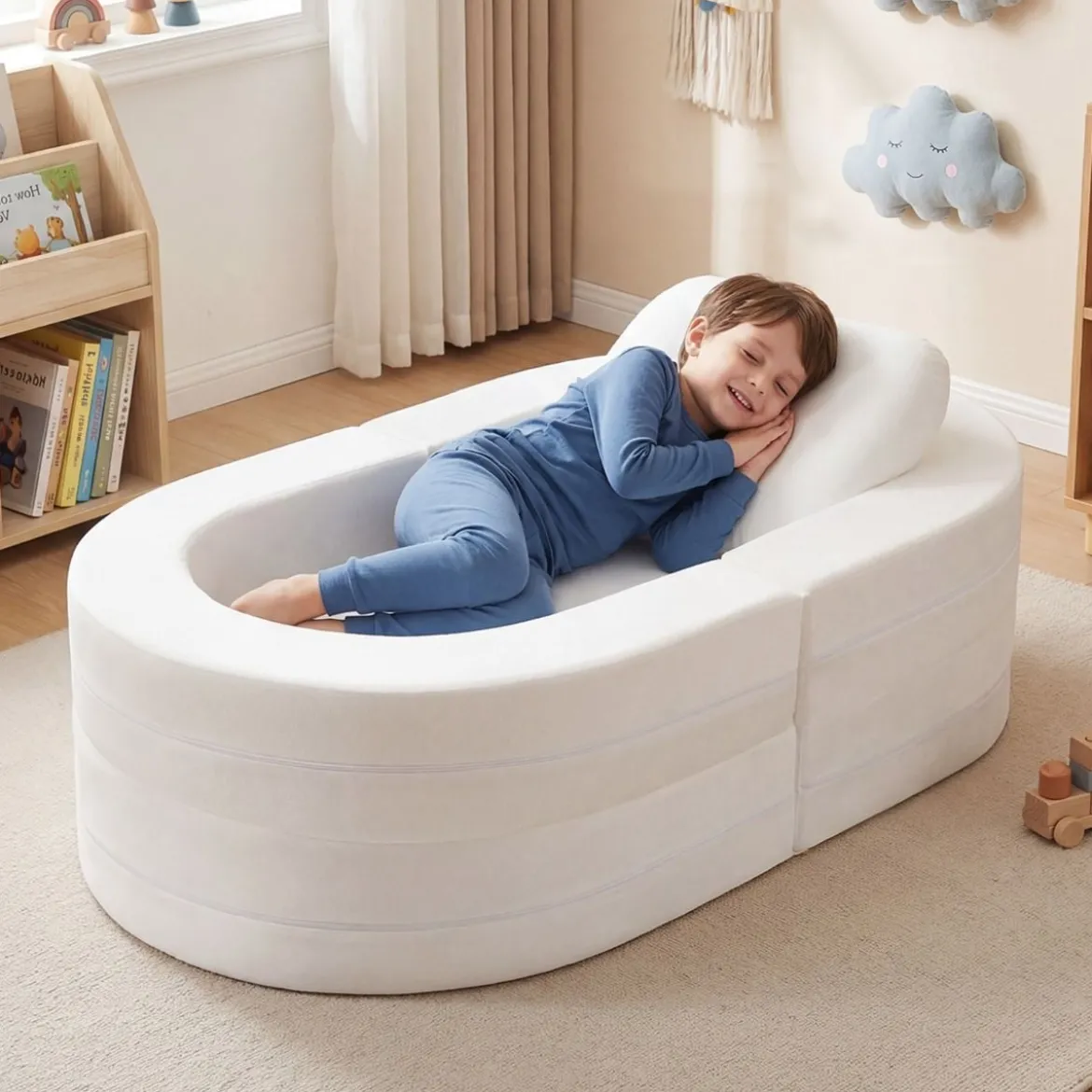 3-in-1 Kinder Schlafsofa klappbares Kinderbett mit weicher Schwammfüllung & bequemem Kissen Beige