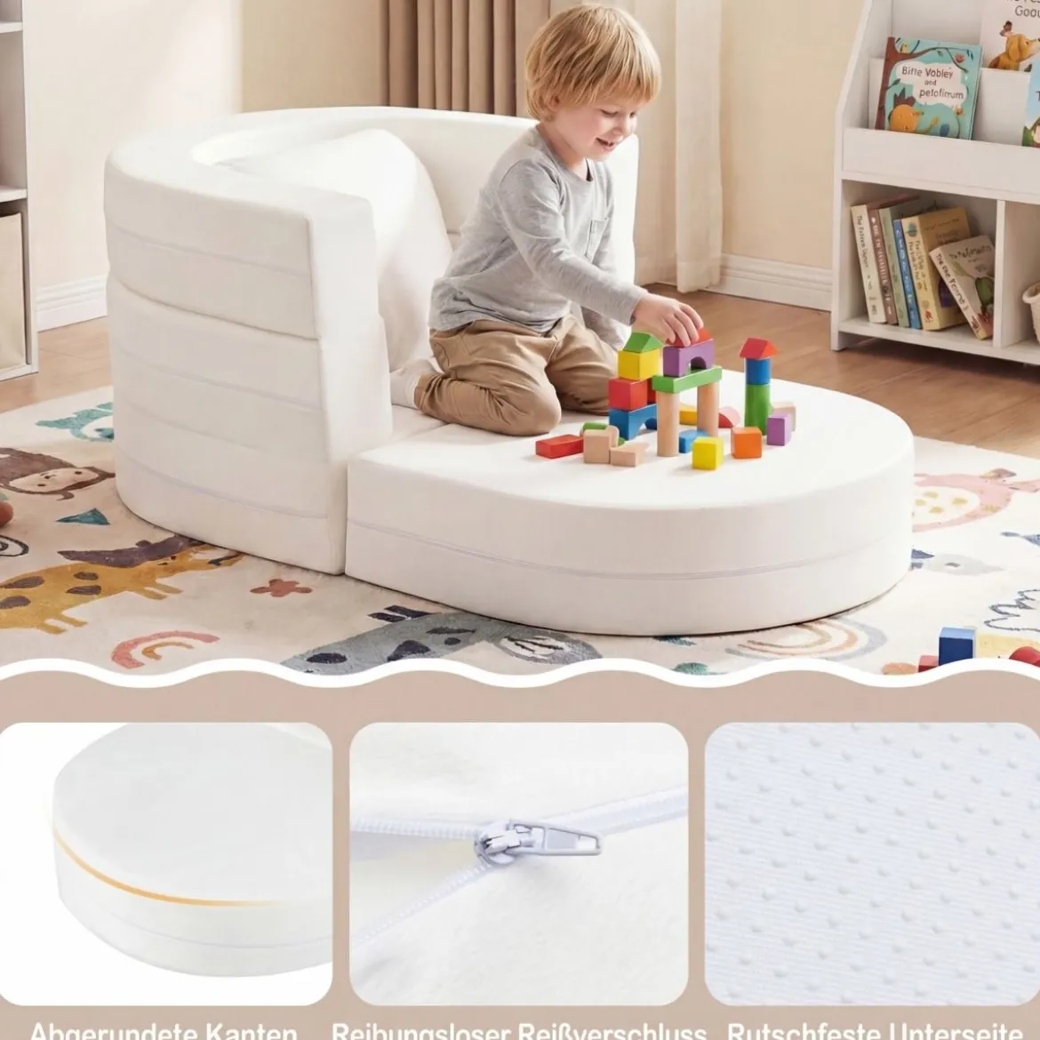 3-in-1 Kinder Schlafsofa klappbares Kinderbett mit weicher Schwammfüllung & bequemem Kissen Beige