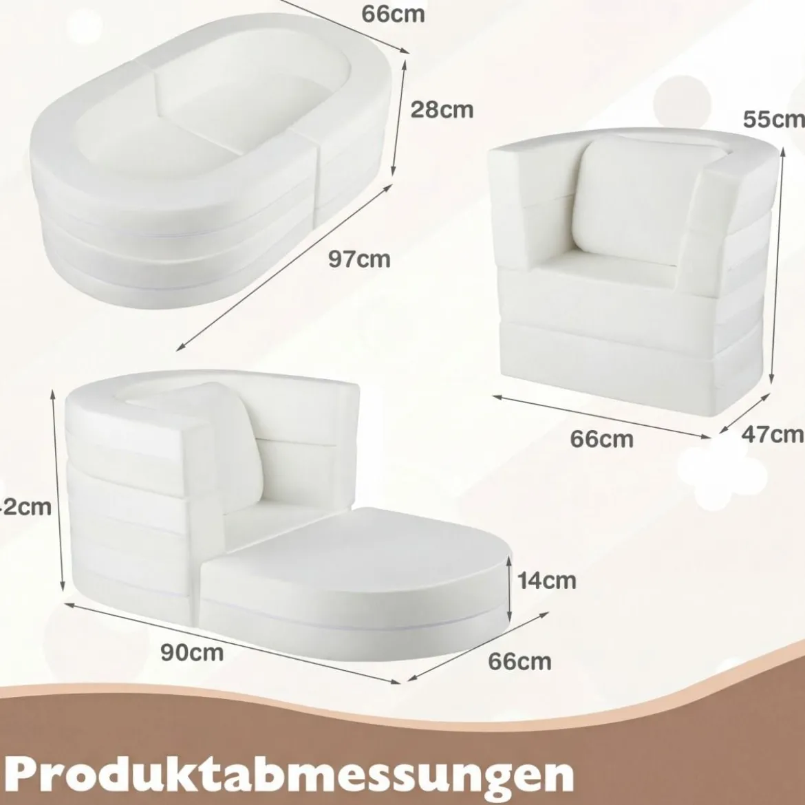 3-in-1 Kinder Schlafsofa klappbares Kinderbett mit weicher Schwammfüllung & bequemem Kissen Beige