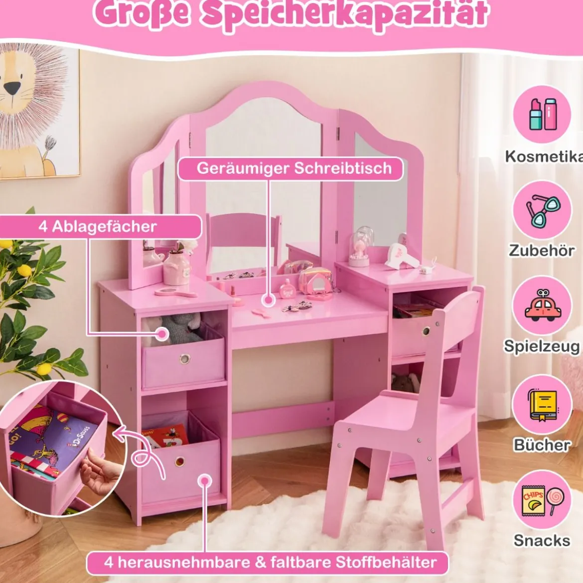2 in 1 Kinder Schminktisch mit Abnehmbarem Spiegel & Aufbewahrungsboxen Frisiertisch
