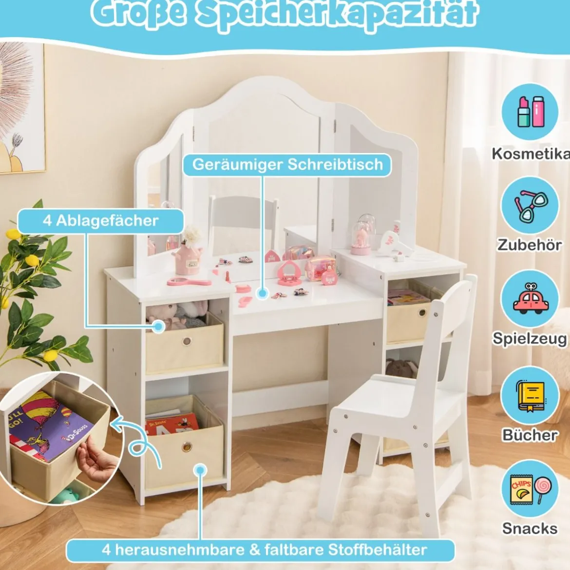 2 in 1 Kinder Schminktisch mit Abnehmbarem Spiegel & Aufbewahrungsboxen Frisiertisch
