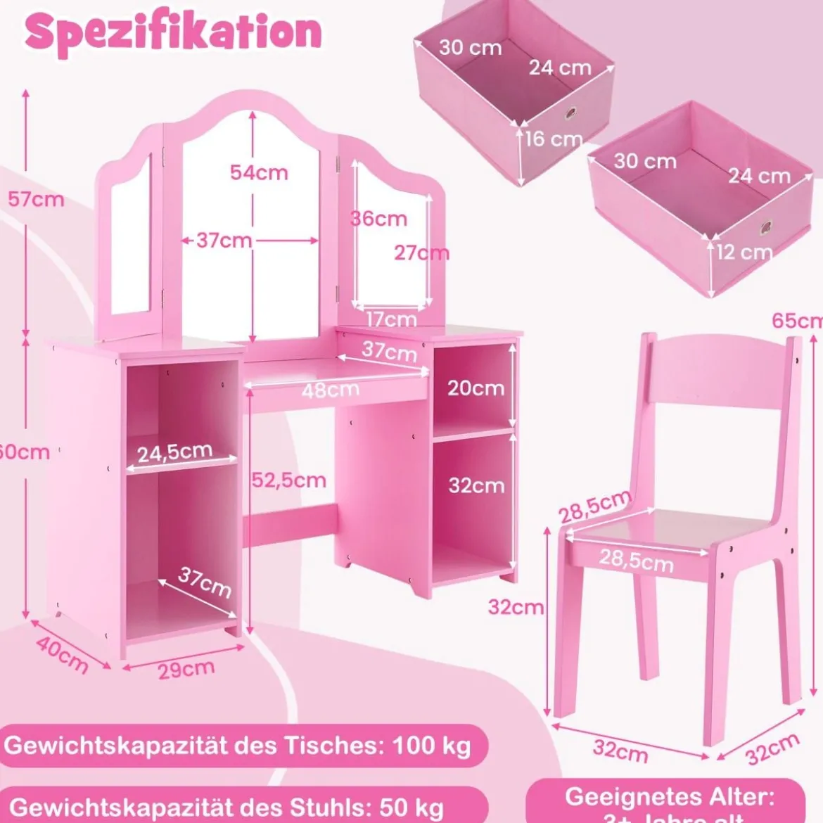 2 in 1 Kinder Schminktisch mit Abnehmbarem Spiegel & Aufbewahrungsboxen Frisiertisch