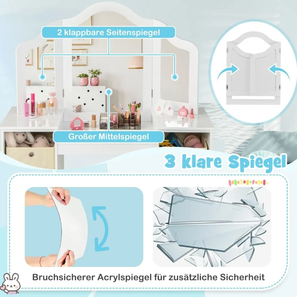 2 in 1 Kinder Schminktisch mit Abnehmbarem Spiegel & Aufbewahrungsboxen Frisiertisch