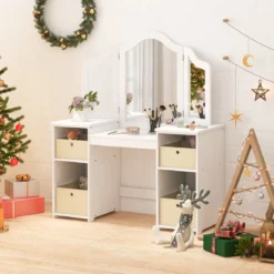 2 in 1 Kinder Schminktisch mit Abnehmbarem Spiegel & Aufbewahrungsboxen Schminkkommode