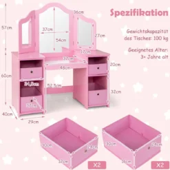 2 in 1 Kinder Schminktisch mit Abnehmbarem Spiegel & Aufbewahrungsboxen Schminkkommode