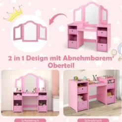 2 in 1 Kinder Schminktisch mit Abnehmbarem Spiegel & Aufbewahrungsboxen Schminkkommode