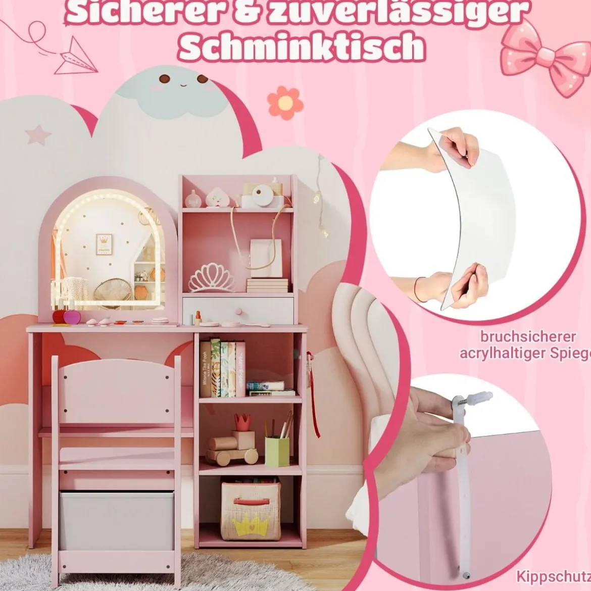 2 in 1 Kinder Schminktisch mit Beleuchtung Holz Frisiertisch mit Schubladen & Zubehör Rosa