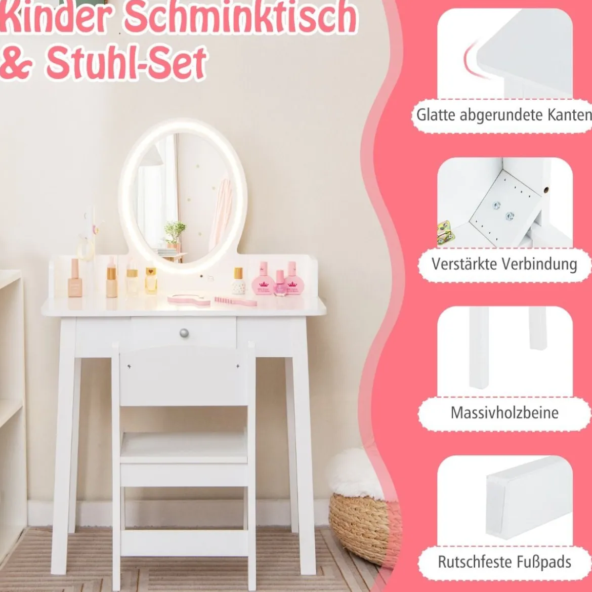 2 in 1 Kinder Schminktisch mit Hocker Frisiertisch mit Beleuchtung Rosa/Weiß