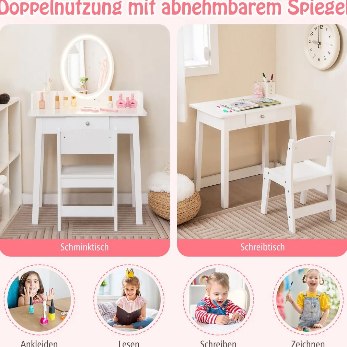 2 in 1 Kinder Schminktisch mit Hocker Frisiertisch mit Beleuchtung Rosa/Weiß