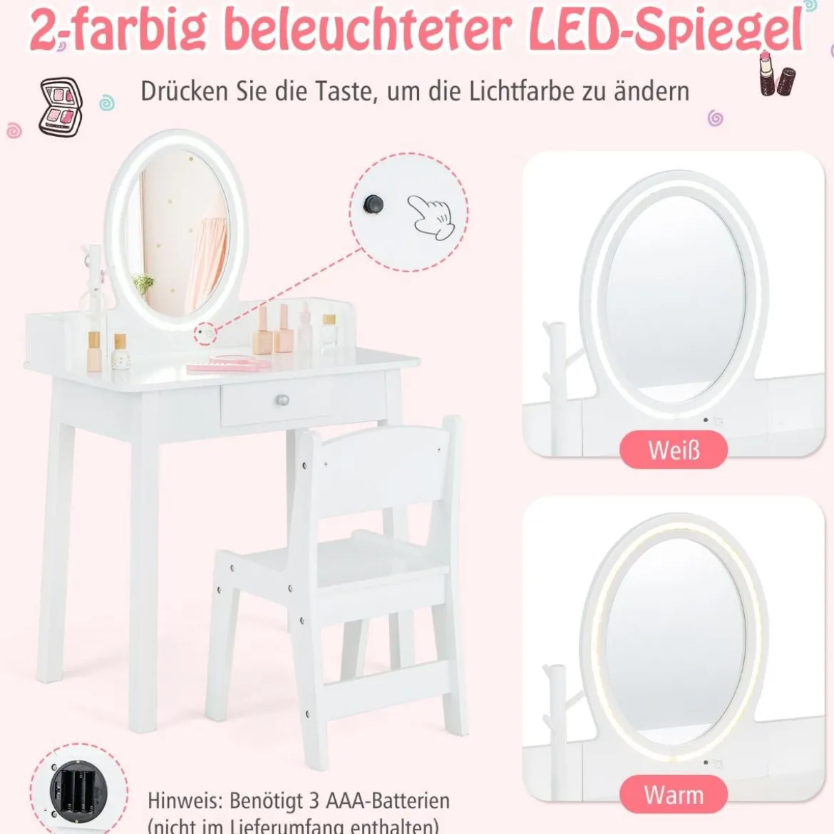 2 in 1 Kinder Schminktisch mit Hocker Frisiertisch mit Beleuchtung Rosa/Weiß