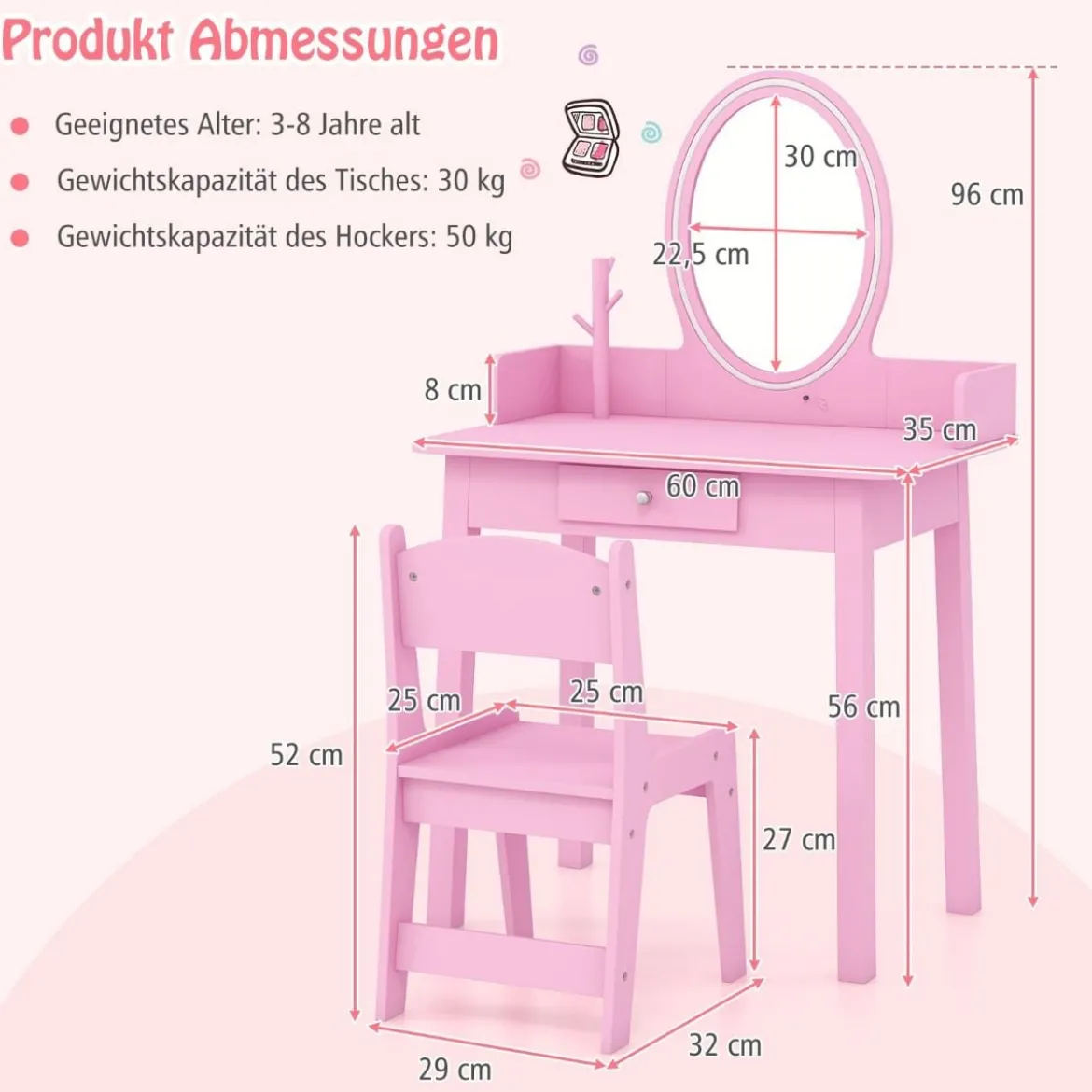 2 in 1 Kinder Schminktisch mit Hocker Frisiertisch mit Beleuchtung Rosa/Weiß